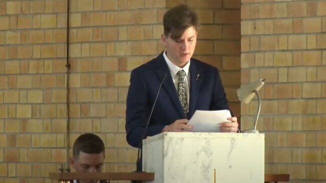 Rory Mulherin speaks at his father's funeral. Former Mackay MP Tim Mulherin was farewelled in Mackay on Tuesday September 15, 2020.