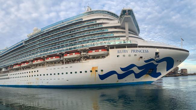 The Ruby Princess cruise ship sails form Auustralian waters after being linked to more than 20 coronavirus deaths and up to 600 infections across Australia. Picture: AAP Image/Supplied by NSW Police