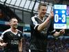 Leicester City's German defender Robert Huth (R) celebrates scoring his team's third goal with Leicester City's Japanese striker Shinji Okazaki (L) and Leicester City's Algerian midfielder Riyad Mahrez during the English Premier League football match between Manchester City and Leicester City at the Etihad Stadium in Manchester, north west England, on February 6, 2016. / AFP / ADRIAN DENNIS / RESTRICTED TO EDITORIAL USE. No use with unauthorized audio, video, data, fixture lists, club/league logos or 'live' services. Online in-match use limited to 75 images, no video emulation. No use in betting, games or single club/league/player publications. /