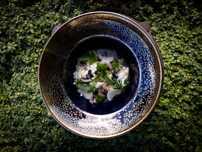 The Source’s Smorrebrod Seafood Salad which includes pickled line caught local fish, smoked eel, pipi and avruga caviar. Picture: Rosie Hastie/MONA