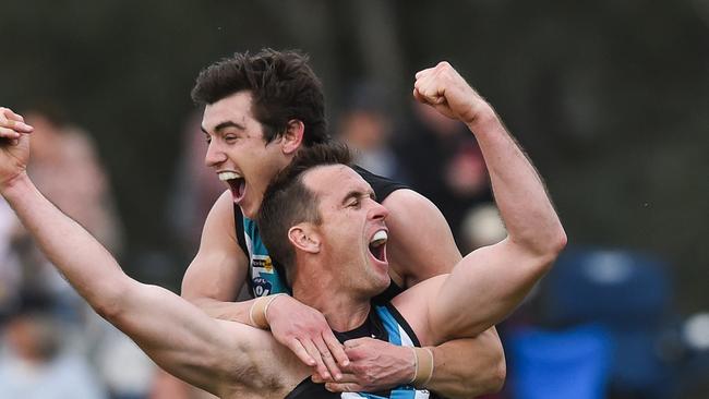 Luke Garland and Shaun Mannagh celebrate during the 2019 grand final. Photo: Mark Jesser, The Border Mail.