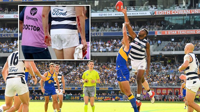 Cat Mark Blicavs (inset) and teammate Zach Tuohy came off second best in collisions with the new Perth Stadium fence.