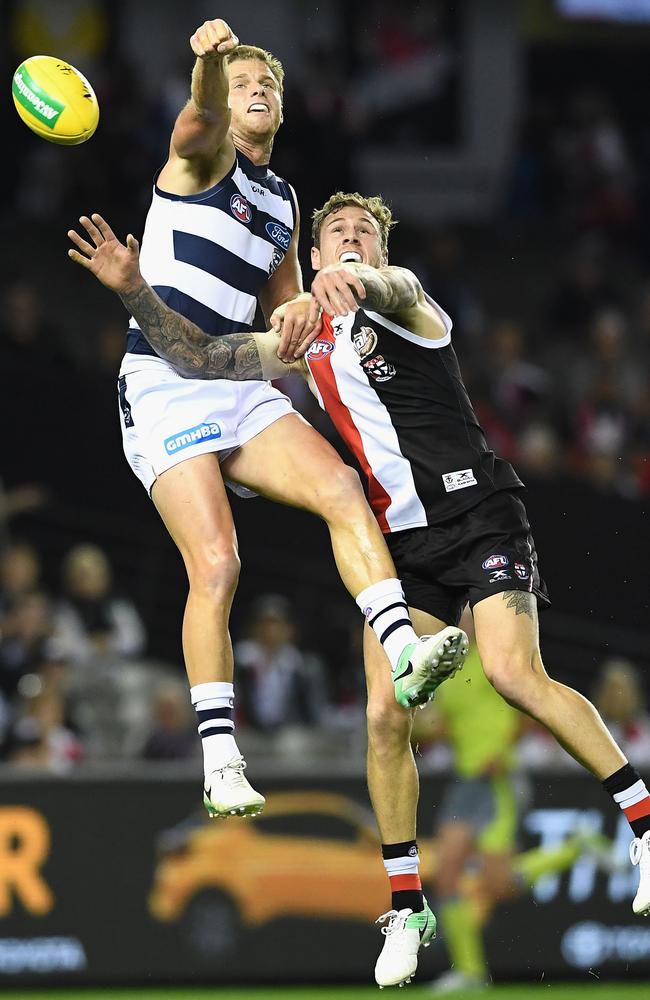 Geelong defender Lachie Henderson spoils Tim Membrey. Picture: Getty Images