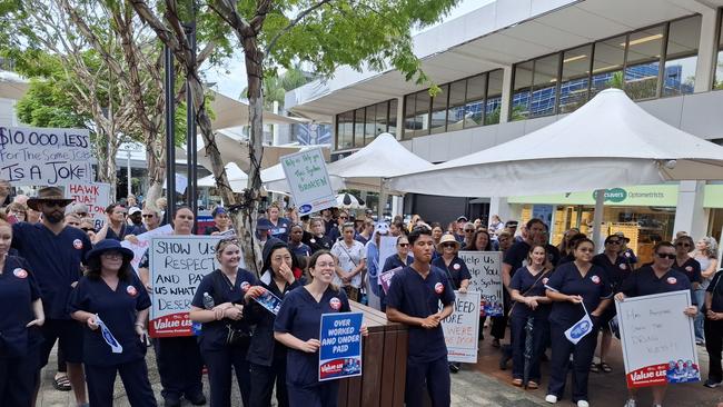 The crowd of nurses and midwives taking part in a 24 hour state- wide rally in the Coffs Harbour city centre.