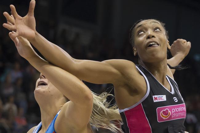 T-Birds Layla Guscoth looks for the rebound in the Round 2 Super Netball match against NSW Swifts at the Quaycentre in Sydney. Picture: Craig Golding/AAP 