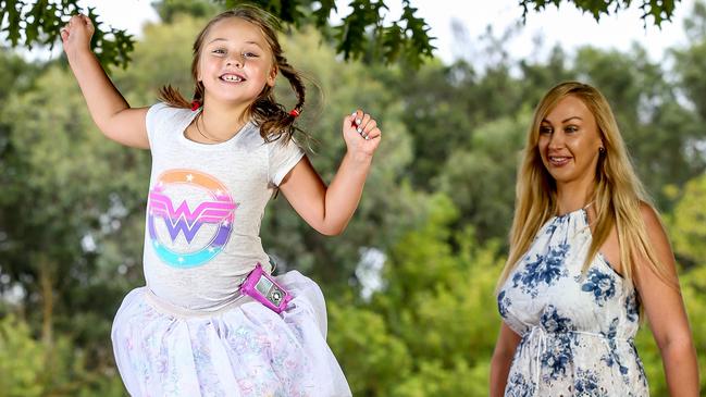 Shiloh, 7, will be the first child in Australia to be fitted with a new “artificial pancreas”, delighting her mum Kimberley Fischer. Picture: Tim Carrafa