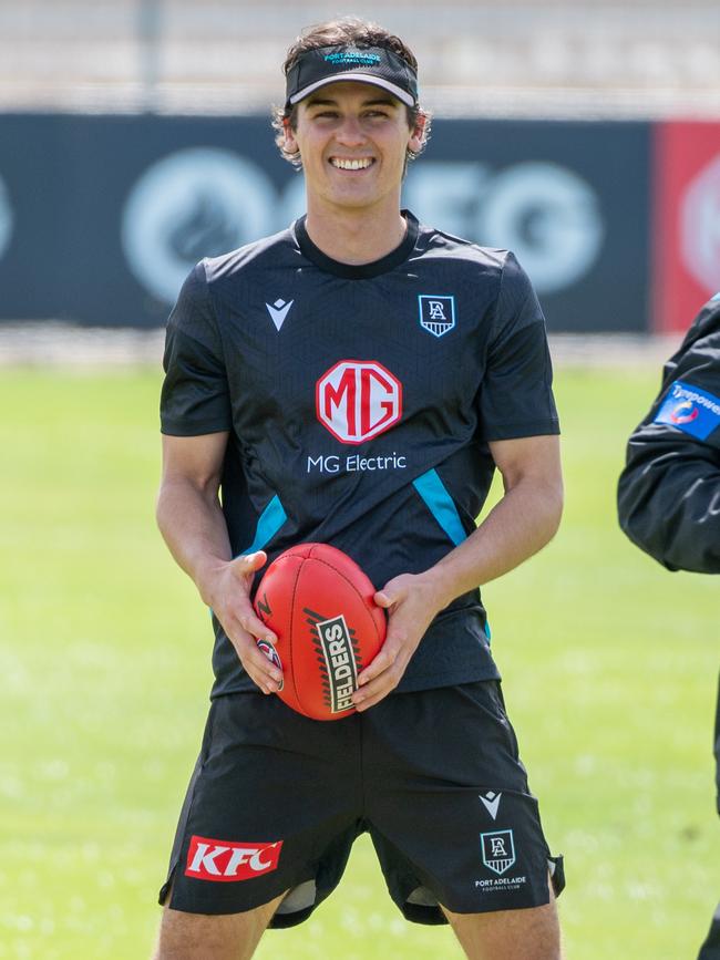 Connor Rozee all smiles at Alberton. Picture: NCA NewsWire / Naomi Jellicoe