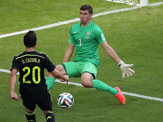 Mat Ryan foils Santi Cazorla of Spain and Arsenal during the Socceroos’ World Cup loss. Picture: George Salpigtidis