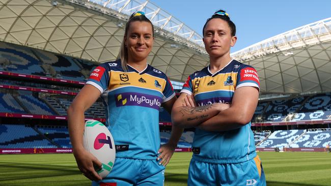 Brittany Breayley-Nati and Lauren Brown of the Titans pose during the 2022 NRL Women's Premiership Launch at Allianz Stadium on August 17, 2022 in Sydney, Australia. Picture: Mark Metcalfe