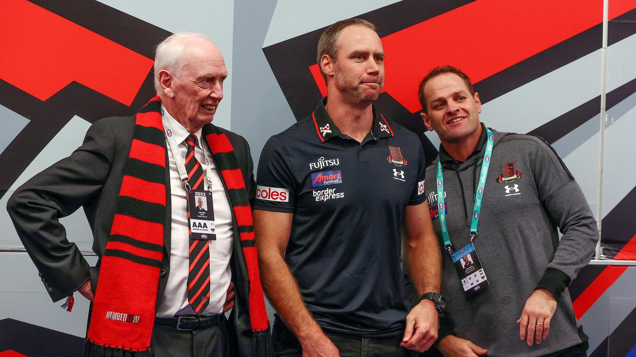 Essendon president Paul Brasher, senior coach Ben Rutten and footy boss Josh Mahoney. Photo by Michael Klein