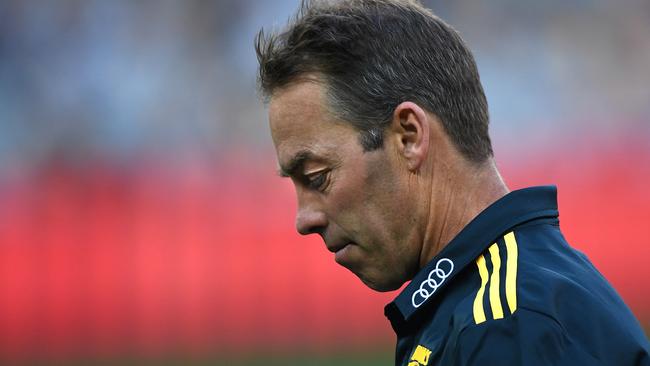 Alastair Clarkson leaves the MCG after his side’s loss. Picture: AAP Images