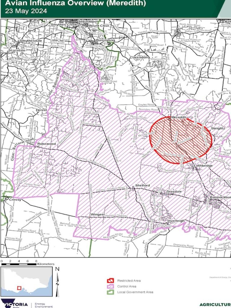 The first bird flu case was detected on an egg farm in Meredith. Picture: Agriculture Victoria.