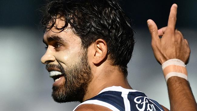 GEELONG, AUSTRALIA - FEBRUARY 17: Jack Martin of the Cats plays in the reserves game during the AFL practice match between Geelong Cats and Hawthorn Hawks at GMHBA Stadium on February 17, 2025 in Geelong, Australia. (Photo by Quinn Rooney/Getty Images)