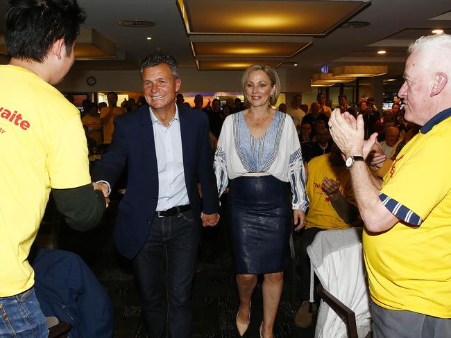 Matt Thistlethwaite and wife Rachel greeted by supporters as he takes the stage at the Randwick Labor Club and declares victory in Kingsford Smith tonight. Picture: John Appleyard