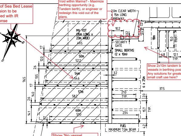 Original plans for the Ritz Carlton Hotel project at Mariners Cove on the Gold Coast. The "void within the marina" was where a helicopter pad could have been built.