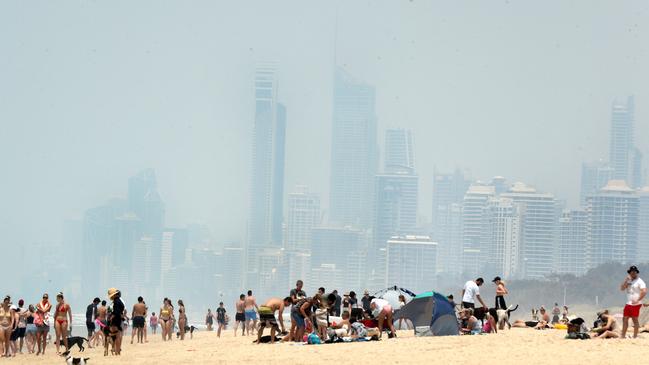 Smoke haze on the Gold Coast view of Surfers Paradise from Seaway Beach. Picture: Mike Batterham