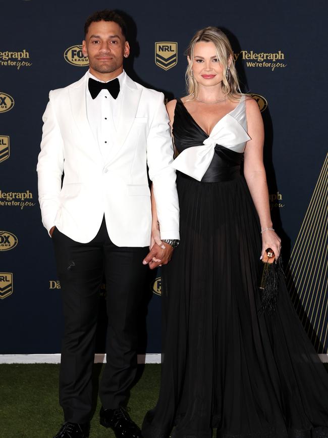 Apisai Koroisau of the Wests Tigers and his partner Amy arrive at the event. Picture: Mark Kolbe/Getty Images