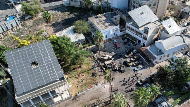 An aerial view of the complex housing the Ahli Arab hospital in Gaza City in the aftermath of a deadly blast. Picture: AFP