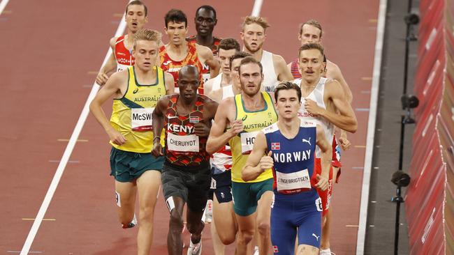 Australia’s Stewart McSweyn (left) and Oliver Hoare in the men’s 1500m final. Picture: Alex Coppel.