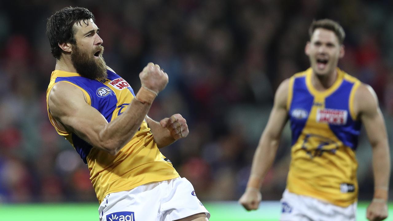 Josh Kennedy celebrates a crucial goal for the Eagles. Picture: Sarah Reed