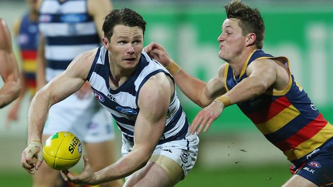 Patrick Dangerfield of the Cats competes for the ball against Crow Matt Crouch.