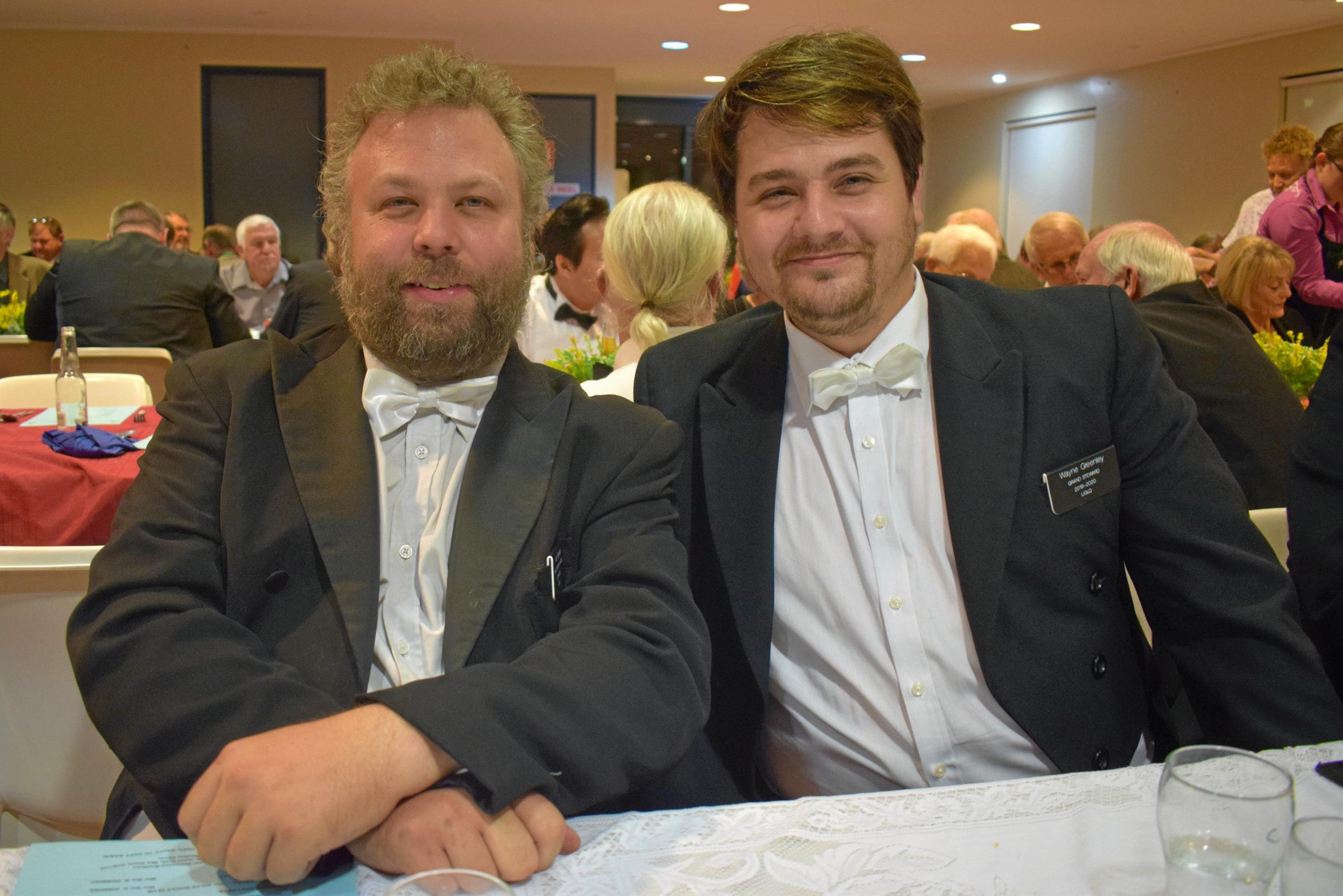 Aaron Rayward and Wayne Greenley from Brisbane at the Murilla Masonic Lodge 100th Birthday banquet. Picture: Kate McCormack