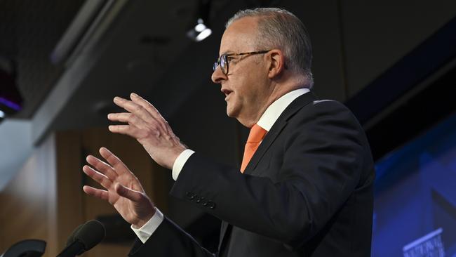 Anthony Albanese addresses the National Press Club in Canberra on Thursday. Picture: NCA NewsWire / Martin Ollman