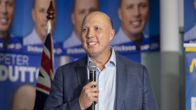 Federal Member for Dickson Peter Dutton thanks supporters in Strathpine after his victory against Labor’s Ali France. Picture: AAP