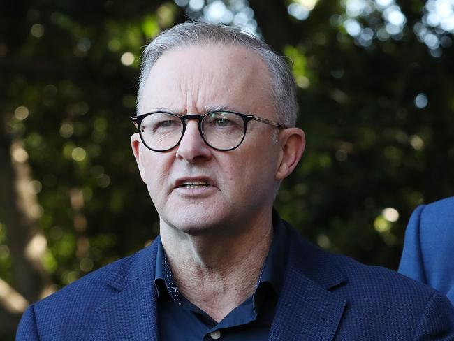 FEDERAL ELECTION TEAM 2022. LABOR BUS TOUR 8/5/2022. Labor leader Anthony Albanese during a press conference at Ryde Wharf Market, seat of Bennelong. Accompanied by LaborÃs candidate Jerome Laxale. Picture: Liam Kidston