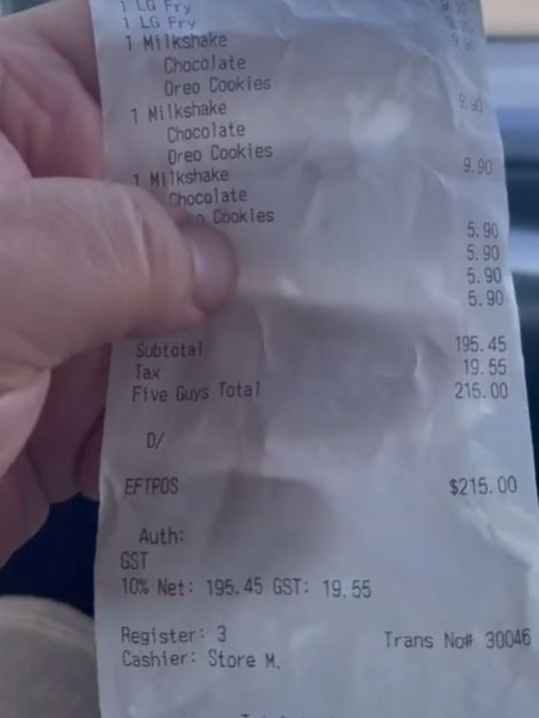 In total he paid $215 for six burgers, four lots of fries, three shakes and four drinks. Picture: TikTok/abrakebabra_reviews