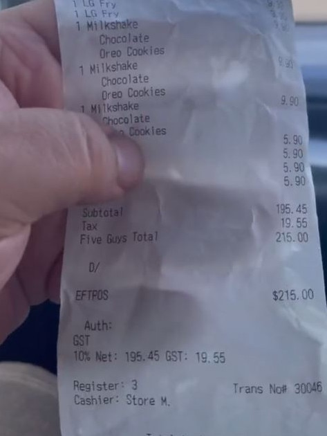 In total he paid $215 for six burgers, four lots of fries, three shakes and four drinks. Picture: TikTok/abrakebabra_reviews