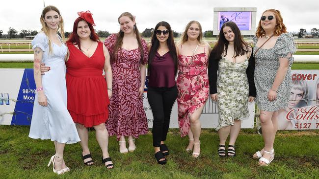 The Ladbrokes 2024 Moe Cup is held at Moe Horse Racing Club, Moe Victoria, Friday 18th October 2024. Racegoers Lilly, Brittany, Maddison, Olivia, Heather, Kaitlyn, Beth enjoying the races. Picture: Andrew Batsch