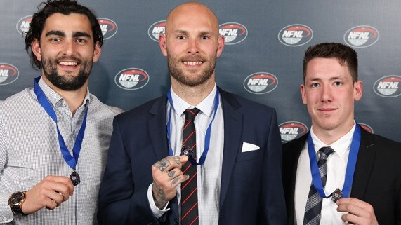 Xavier Dimasi, Brent Macaffer and Riley Loton tied for the NFL Division 2 league best-and-fairest award 2019. Northern Football League.