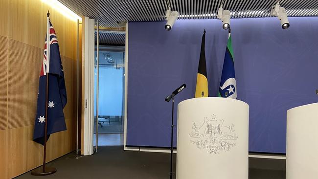 The Australian flag after being moved to the side of the room before the Greens leader held a press conference in Sydney on Monday.