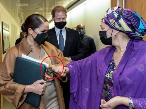 Meghan Markle wore a bracelet featuring the names of her children Archie and Lilibet as she and Prince Harry toured New York. Picture: AP