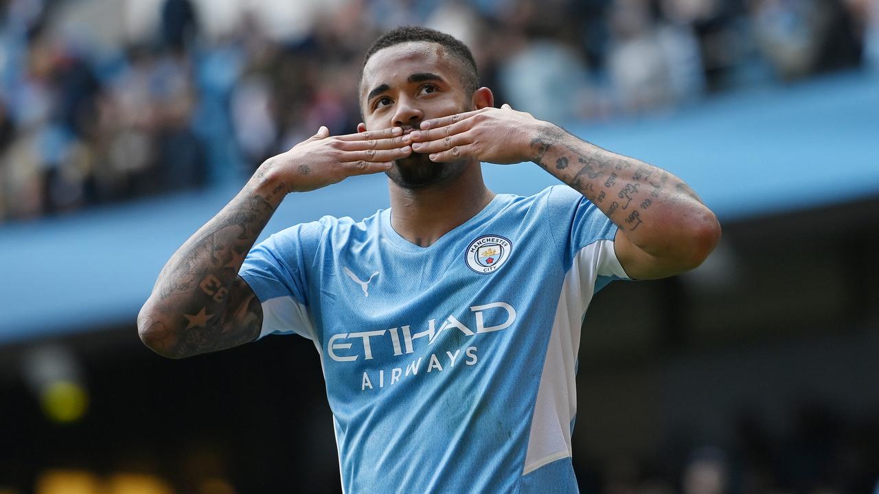 MANCHESTER, ENGLAND – APRIL 23: Gabriel Jesus of Manchester City celebrates after scoring their team's fifth goal during the Premier League match between Manchester City and Watford at Etihad Stadium on April 23, 2022 in Manchester, England. (Photo by Gareth Copley/Getty Images,)