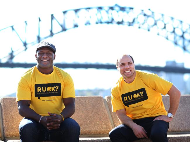 R U OK Day ambassadors, former NRL and Wallaby star Wendell Sailor and former Wallabies star Phil Waugh challenge people to start a conversation, no matter how awkward. Photo: Phil Hillyard