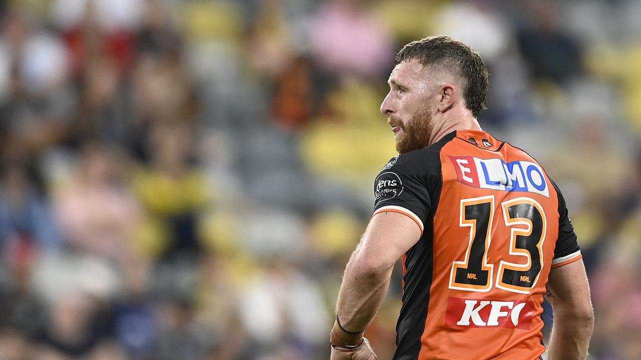 TOWNSVILLE, AUSTRALIA - JULY 24: Jackson Hastings of the Tigers looks on during the round 19 NRL match between the North Queensland Cowboys and the Wests Tigers at Qld Country Bank Stadium, on July 24, 2022, in Townsville, Australia. (Photo by Ian Hitchcock/Getty Images)