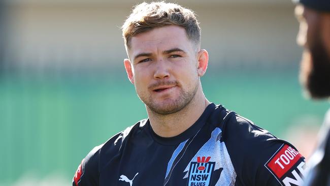 SYDNEY, AUSTRALIA - MAY 23: Hudson Young looks on during a New South Wales Blues State of Origin training session at Coogee Oval on May 23, 2023 in Sydney, Australia. (Photo by Mark Kolbe/Getty Images)