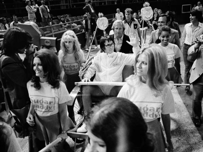 Bobby Riggs makes his grand entrance to the Astrodome in Houston, Texas, in 1973. Pic: AP.