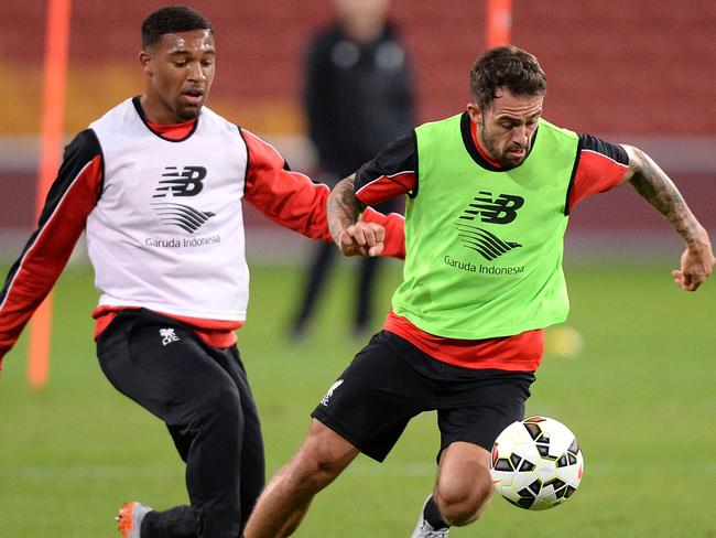 Liverpool’s Danny Ings (right) and Jordan Ibe train at Brisbane’s Suncorp Stadium on Thursday night.