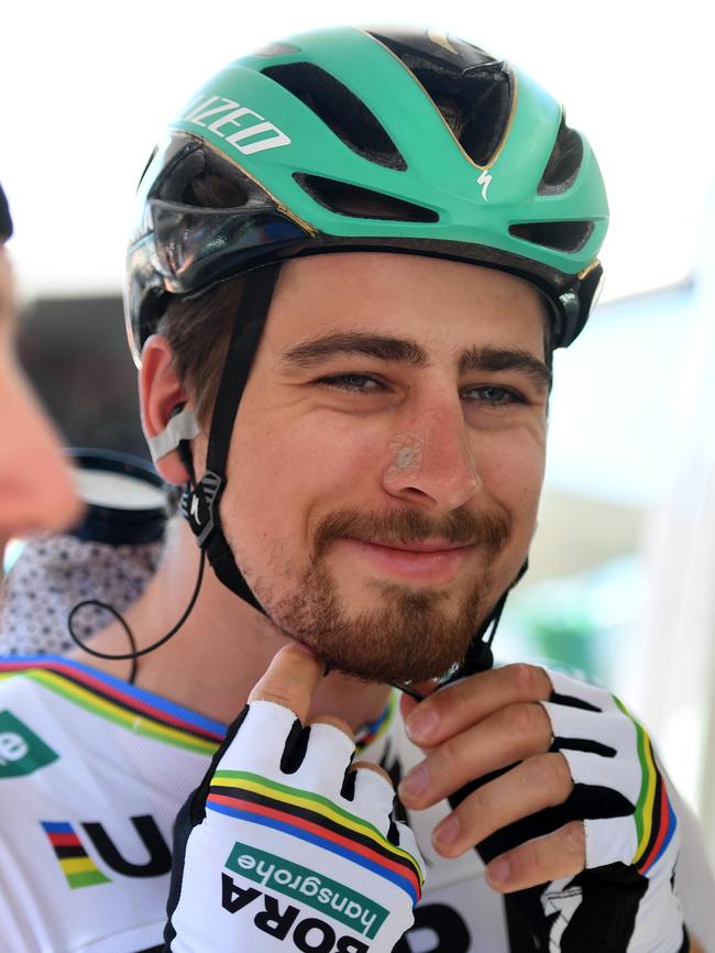 World champion Slovakian rider Peter Sagan ahead of the trip from Glenelg to Victor Harbor on Thursday. Picture: AAP Image/Dan Peled