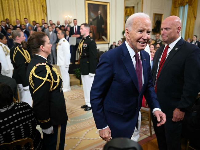 A smiling Joe Biden leaves after speaking during a celebration in honour of 2023 World Series champions, the Texas Ranger. Picture: AFP