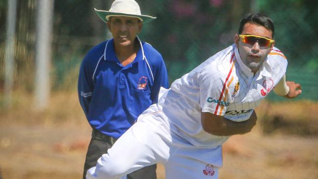 Antum Naqvi fires one down for Tracy Village in their district cricket match against Southern Districts. Picture:Glenn Campbell