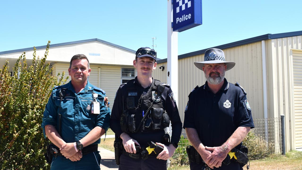 OIC at Baralaba Ambulance Station Vaughan Mason, Constable Callam Moriarty and OIC at Baralaba Police Station Sergeant Wylie Steel. Picture: Aden Stokes