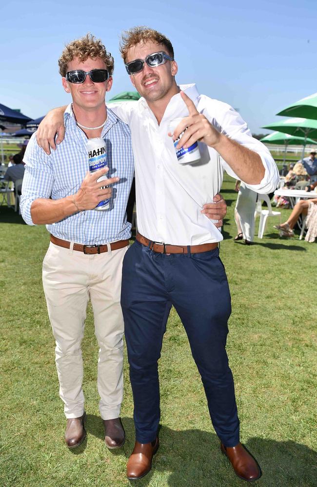 Andrew Laughton and Harley Johnston out and about at Corbould Park for the Melbourne Cup Race Day in Caloundra. Picture: Patrick Woods.