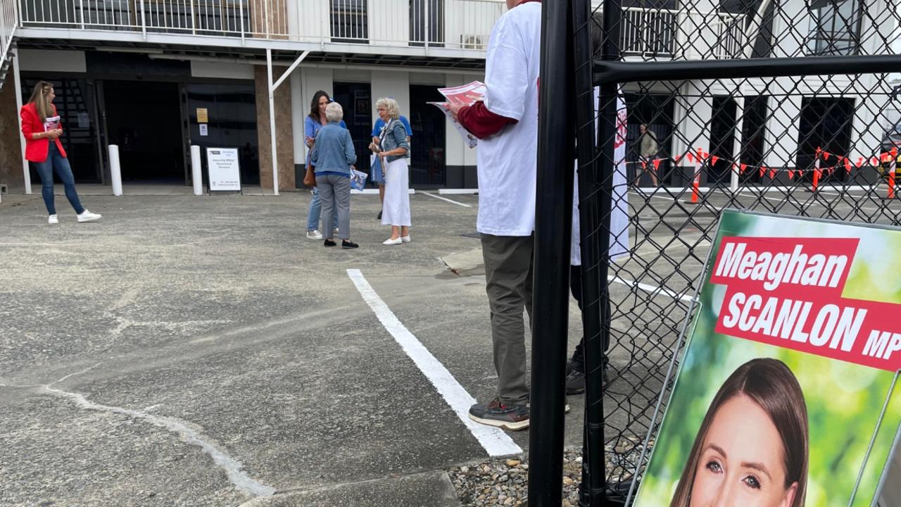 State election 2024 pre-poll. At Nerang, Labor's Meaghan Scanlon and LNP's Bianca Stone in the background waiting for voters.