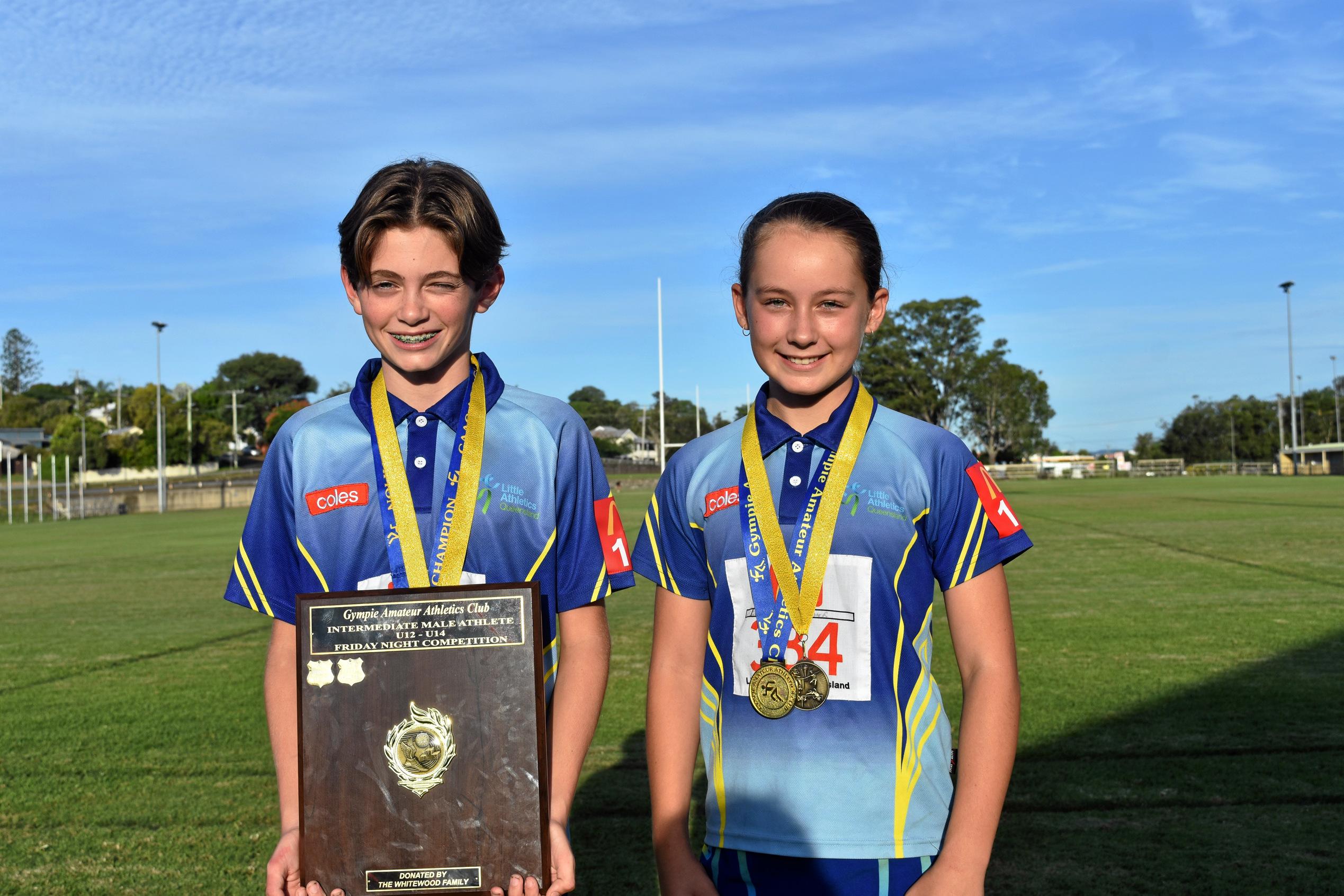 Athletics - Whitewood Family Shield Intermediate Male Athlete under 12 - under 14 under 12 winner and under 12 age champion Levi Bourke and Under 12 girls age champion Trinity Maher. Picture: Bec Singh