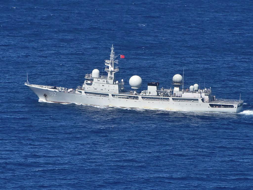 This undated handout photo released by the Australian Defence Force shows a Chinese intelligence ship sailing off the northwest shelf of Australia. Picture: Australian Defence Force/AFP