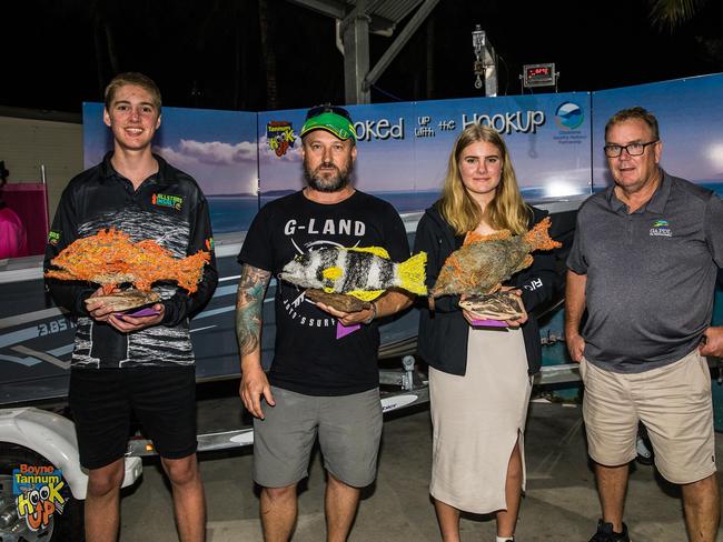 Boyne Tannum Hookup category winners. Junior Angler, Harrison McGuire, Senior Angler, Jaison Guljas and Female winner Graci Dean with GADPL CEO Gus Stedman.